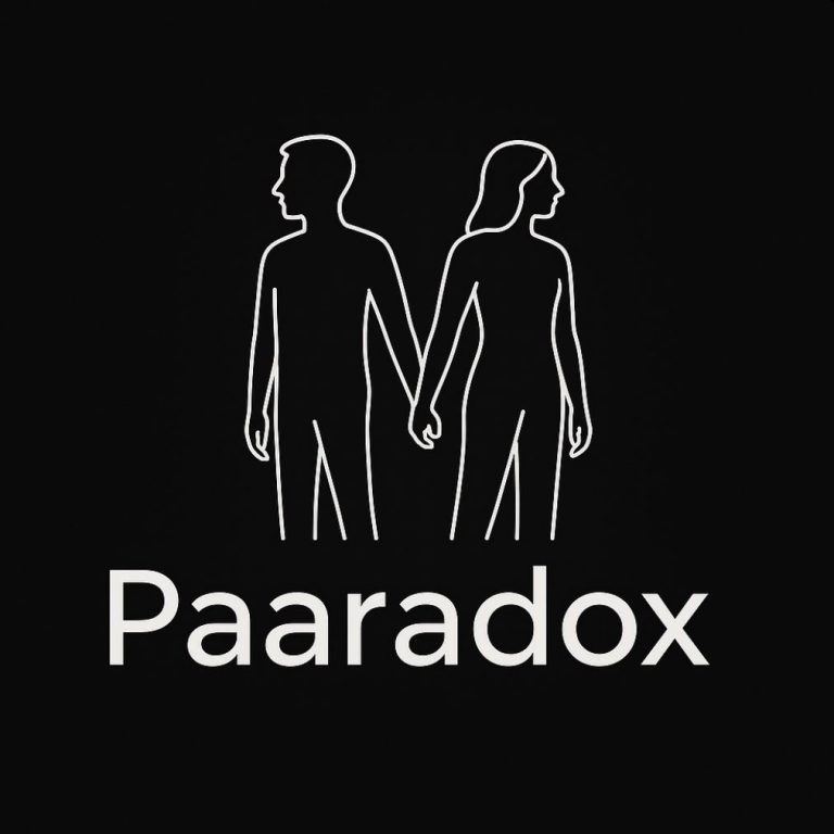 LOGO der Paartherapie PAARADOX aus Karlsruhe Zwei stilisierte Figuren, die sich an den Händen halten, mit dem Wort "Paaradox" darunter.